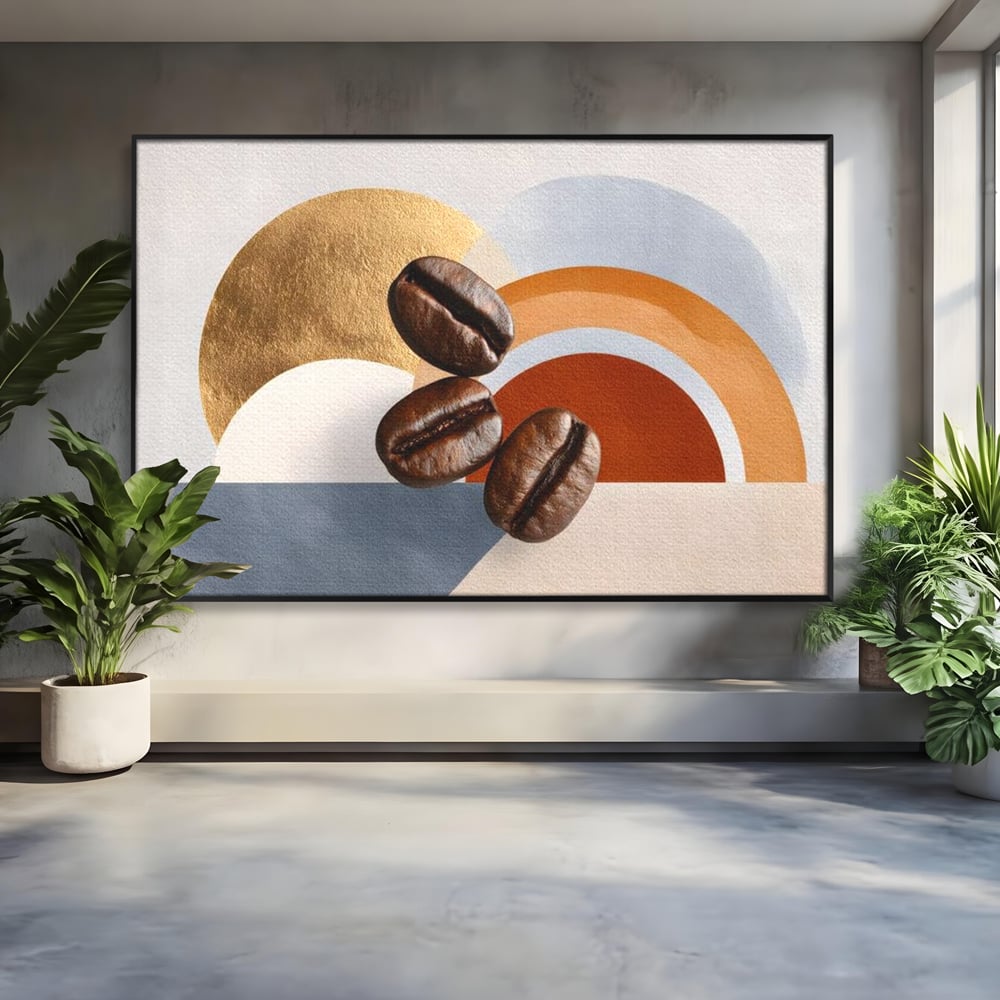 Tablou canvas cu tablou canvas cu boabe de cafea si forme geometrice, in rama de aluminiu negru